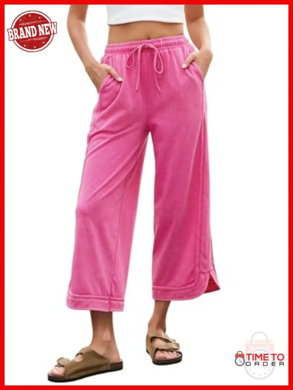 Wide Leg Cropped Joggers with Acid Wash & Distressing, Drawstring Waist